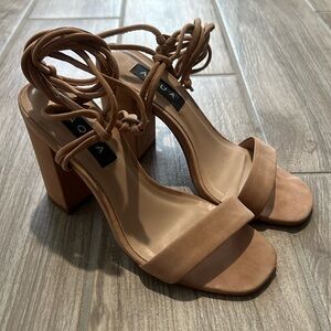 Aqua Suede Lace Up Ankle Strap Heel Sandals